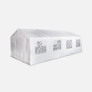 Tente réception 4x8m blanche 32m² avec rideaux et fenêtres pour mariage et événement jardin