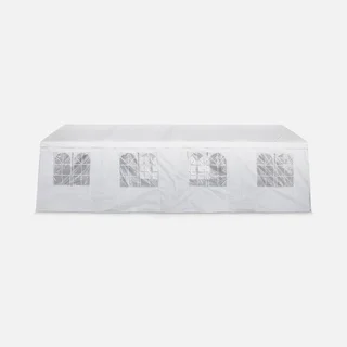 Tente réception 4x8m blanche 32m² avec rideaux et fenêtres pour mariage et événement jardin