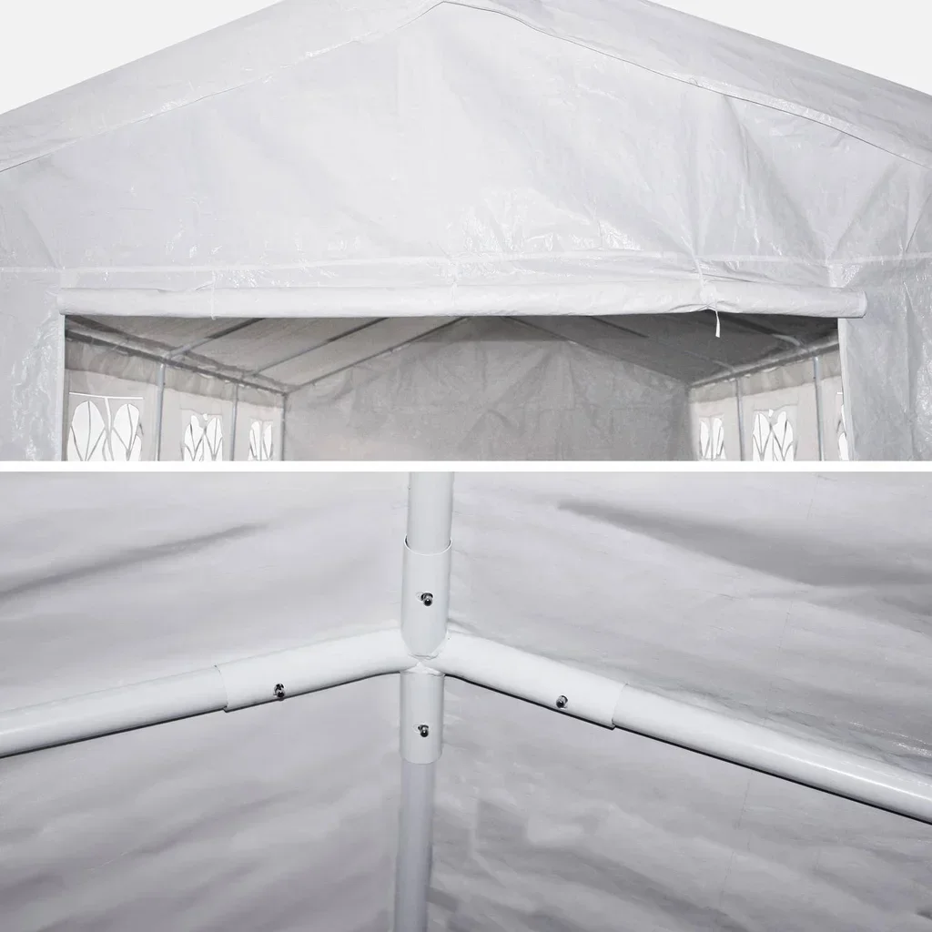 Tente réception 4x8m blanche 32m² avec rideaux et fenêtres pour mariage et événement jardin