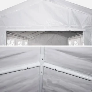 Tente réception 4x8m blanche 32m² avec rideaux et fenêtres pour mariage et événement jardin