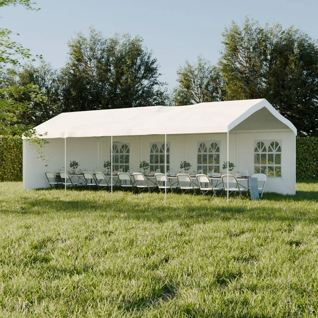 Tente réception 4x8m blanche 32m² avec rideaux et fenêtres pour mariage et événement jardin