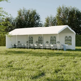 Tente réception 4x8m blanche 32m² avec rideaux et fenêtres pour mariage et événement jardin