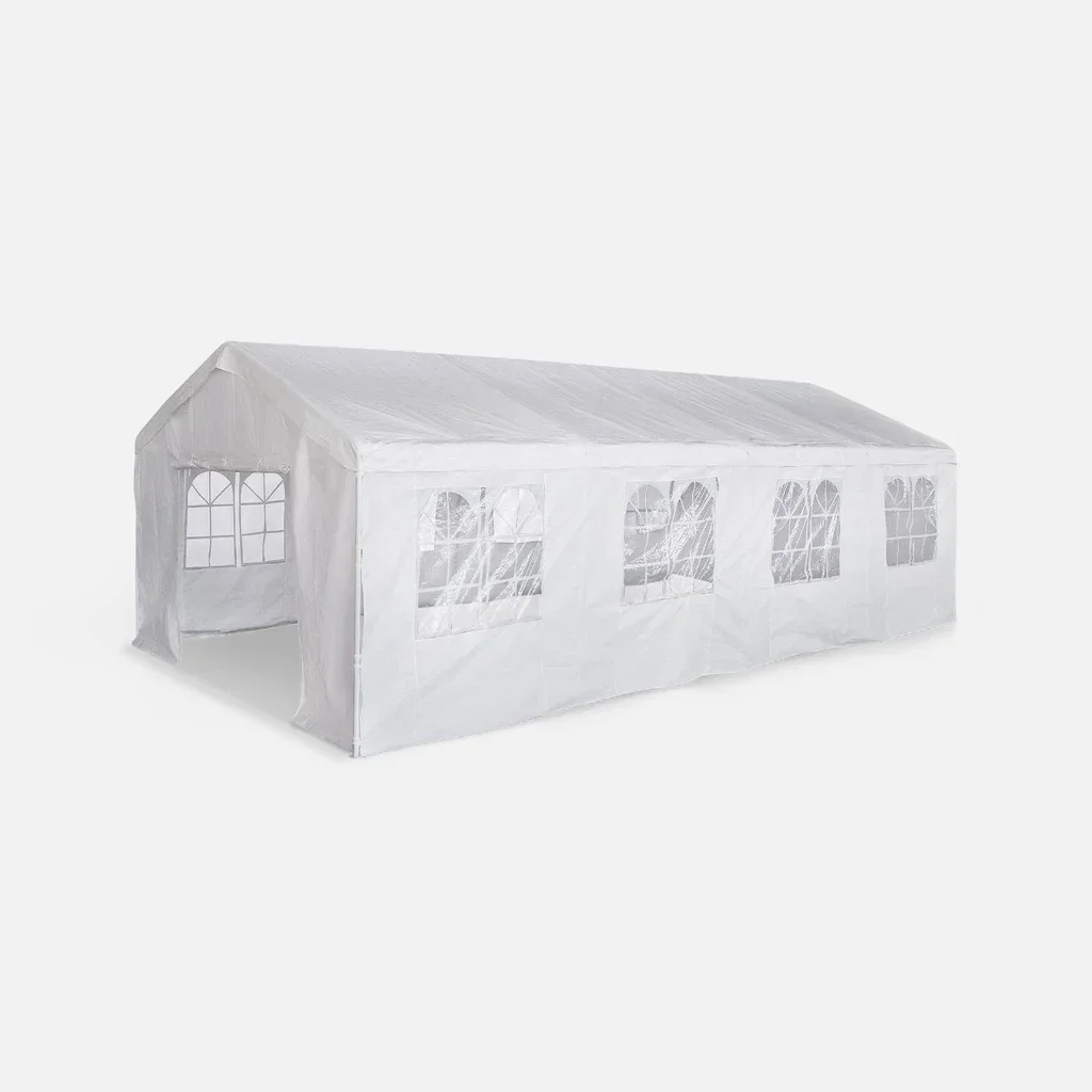 Tente réception 4x8m blanche 32m² avec rideaux et fenêtres pour mariage et événement jardin