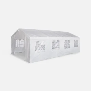 Tente réception 4x8m blanche 32m² avec rideaux et fenêtres pour mariage et événement jardin