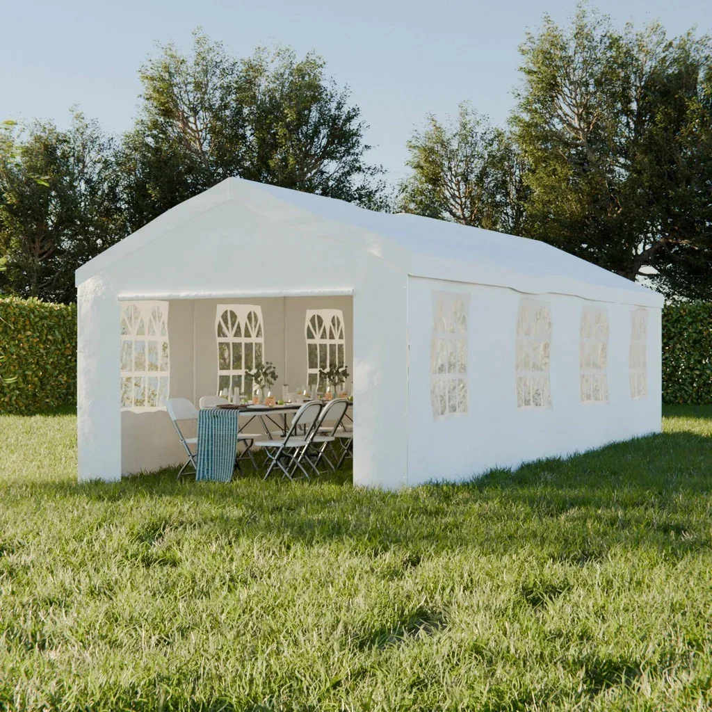 Tente réception 4x8m blanche 32m² avec rideaux et fenêtres pour mariage et événement jardin