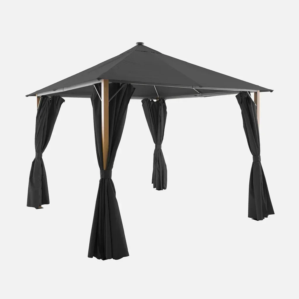 Tonnelle de jardin 3x3 m aluminium bois LED rideaux Veluna