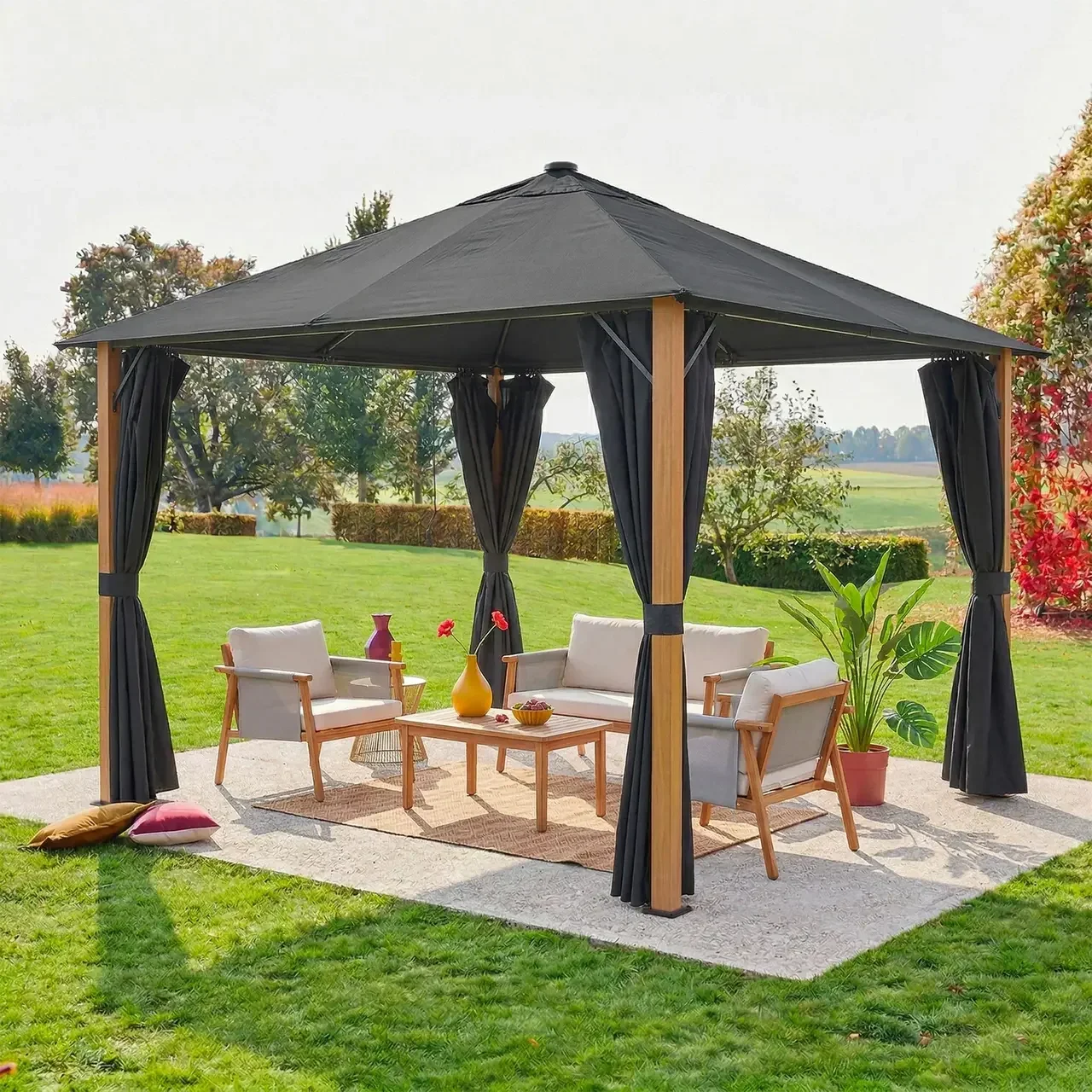 Tonnelle de jardin 3x3 m aluminium bois LED rideaux Veluna