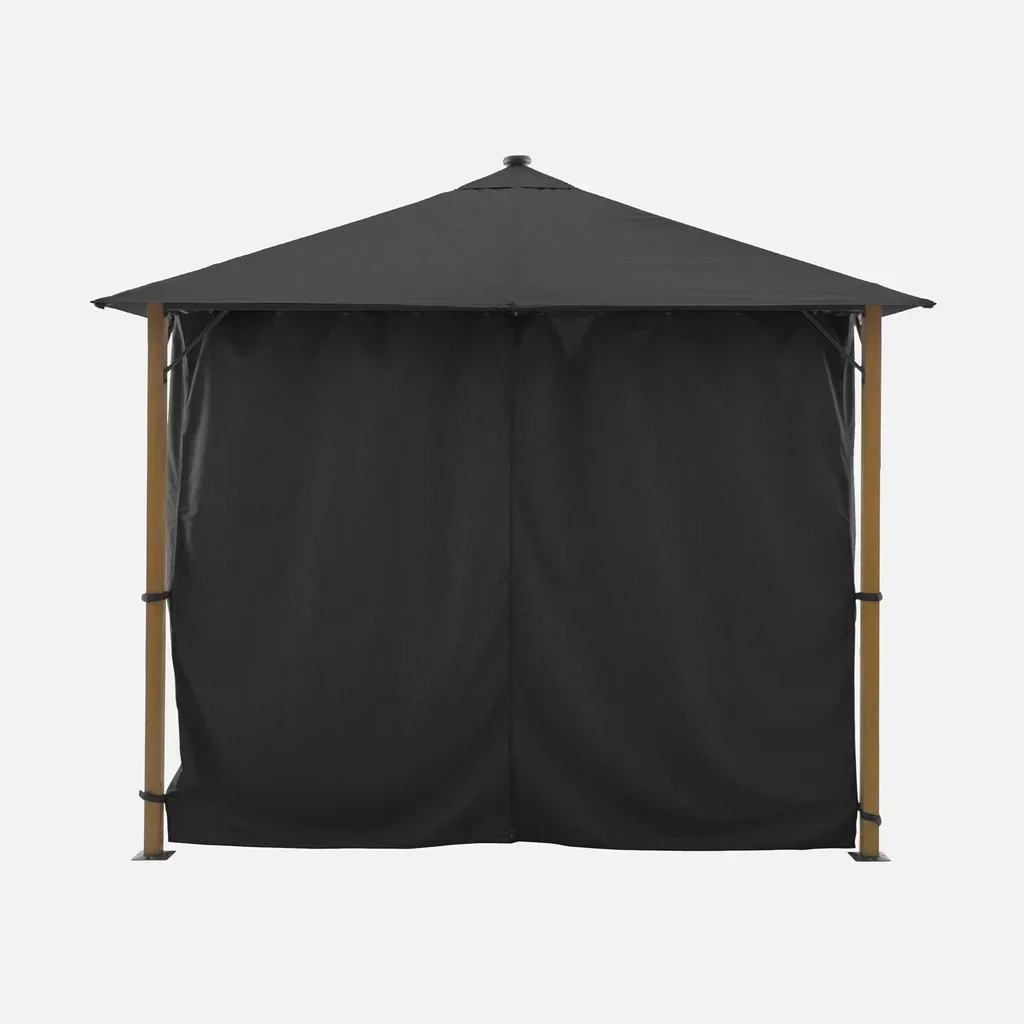 3x3m Aluminum Wood Garden Gazebo with LED Lights and Curtains Veluna