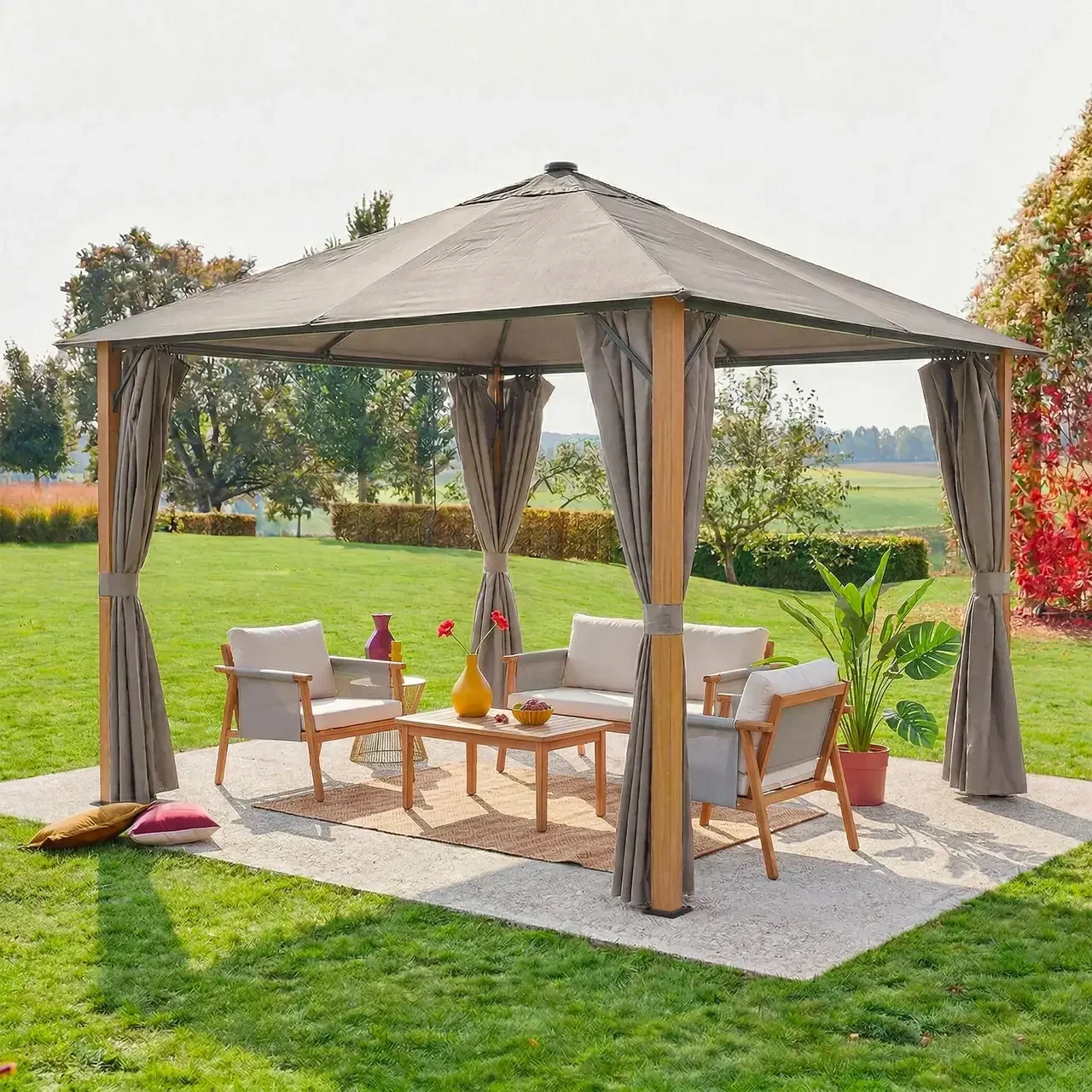 3x3m Garden Gazebo Aluminium Wood LED Curtains Veluna