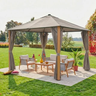 3x3m Garden Gazebo Aluminium Wood LED Curtains Veluna