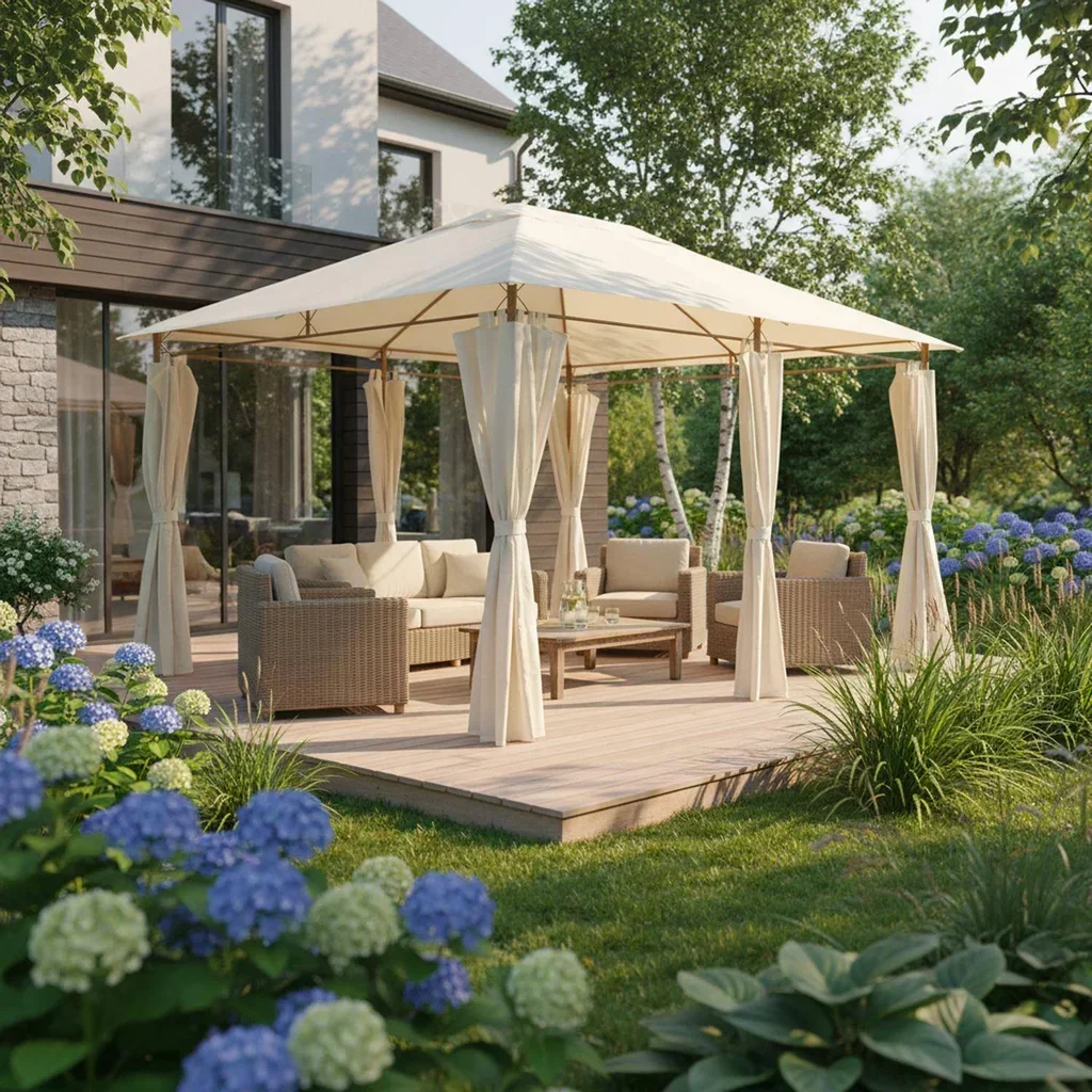 Tonnelle de jardin 3x4 m avec rideaux latéraux et structure acier