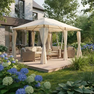 Tonnelle de jardin 3x4 m avec rideaux latéraux et structure acier