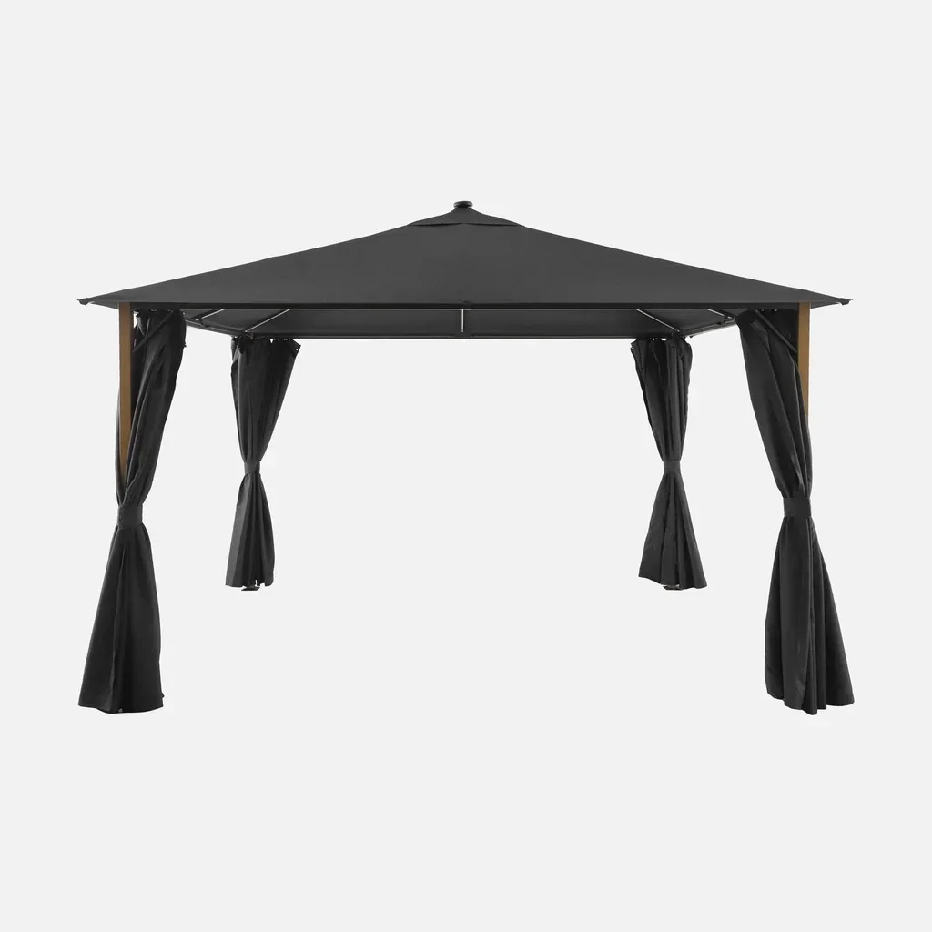 Tonnelle jardin aluminium effet bois 4x3m toile ombrage rideaux LED Veluna