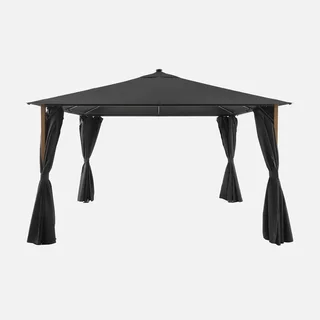 Tonnelle jardin aluminium effet bois 4x3m toile ombrage rideaux LED Veluna