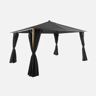 Tonnelle jardin aluminium effet bois 4x3m toile ombrage rideaux LED Veluna