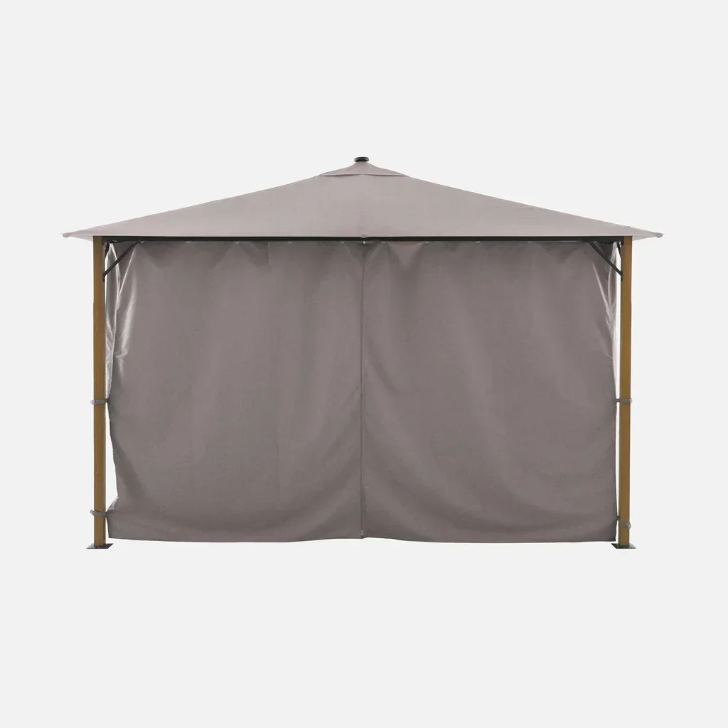 Tonnelle aluminium 4x3m effet bois avec LED et rideaux - Veluna