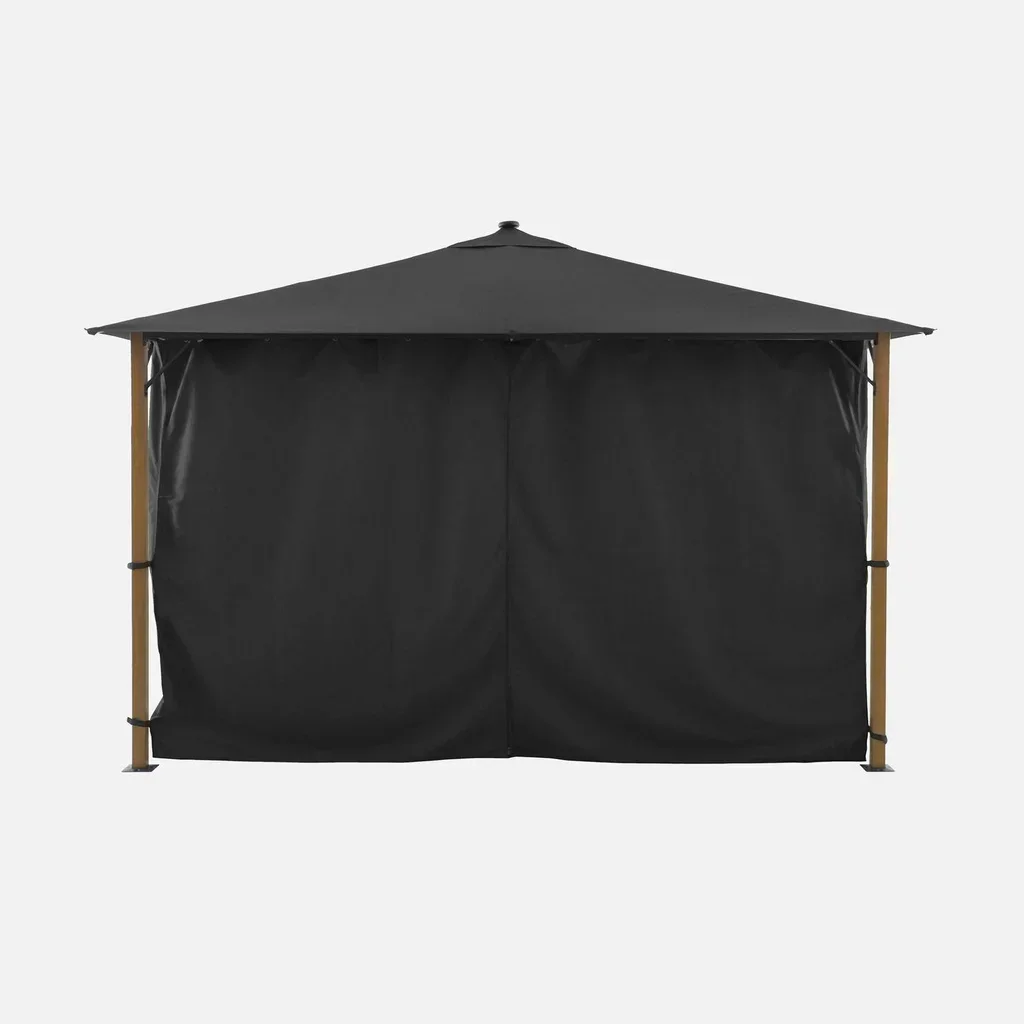 Tonnelle jardin aluminium effet bois 4x3m toile ombrage rideaux LED Veluna