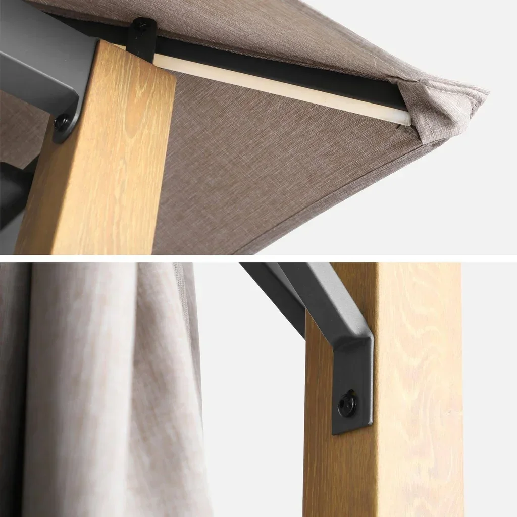 Tonnelle aluminium 4x3m effet bois avec LED et rideaux - Veluna
