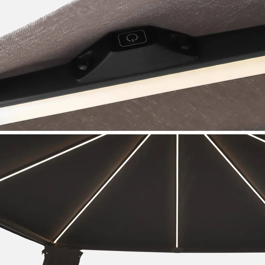 Tonnelle aluminium 4x3m effet bois avec LED et rideaux - Veluna