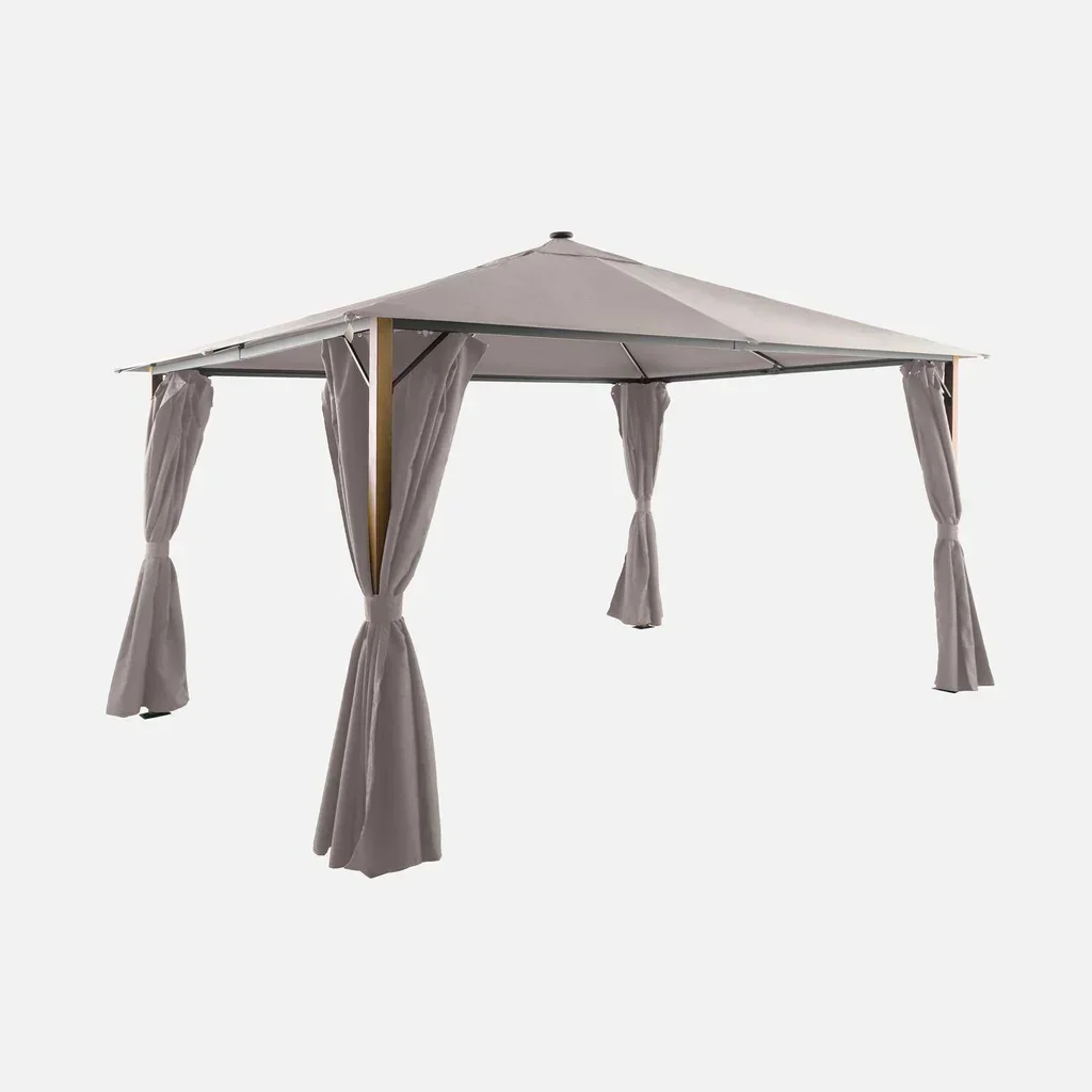 Tonnelle aluminium 4x3m effet bois avec LED et rideaux - Veluna