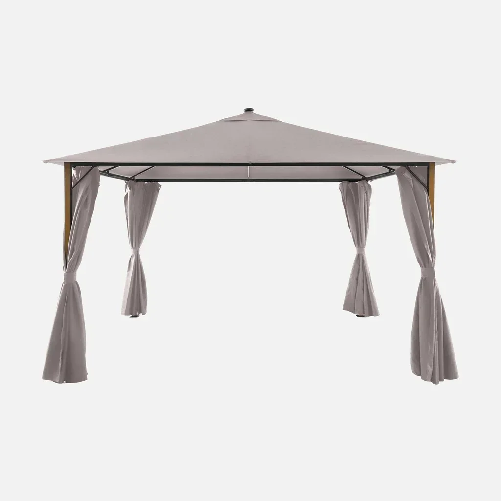 Tonnelle aluminium 4x3m effet bois avec LED et rideaux - Veluna
