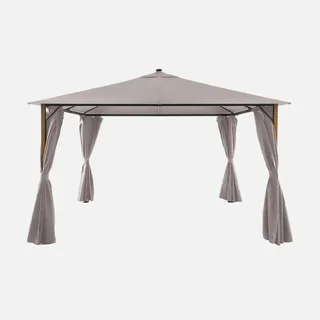 Tonnelle aluminium 4x3m effet bois avec LED et rideaux - Veluna