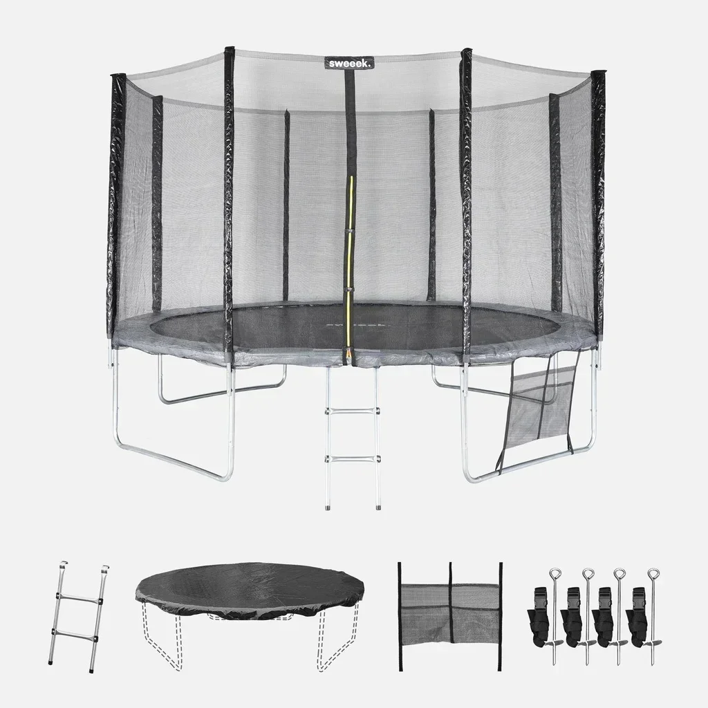Trampoline Saturne XXL Ø370cm gris avec filet de sécurité 1,80m et échelle