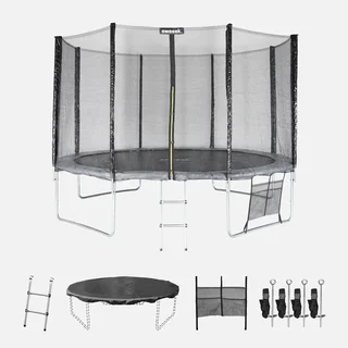Trampoline Saturne XXL Ø370cm gris avec filet de sécurité 1,80m et échelle