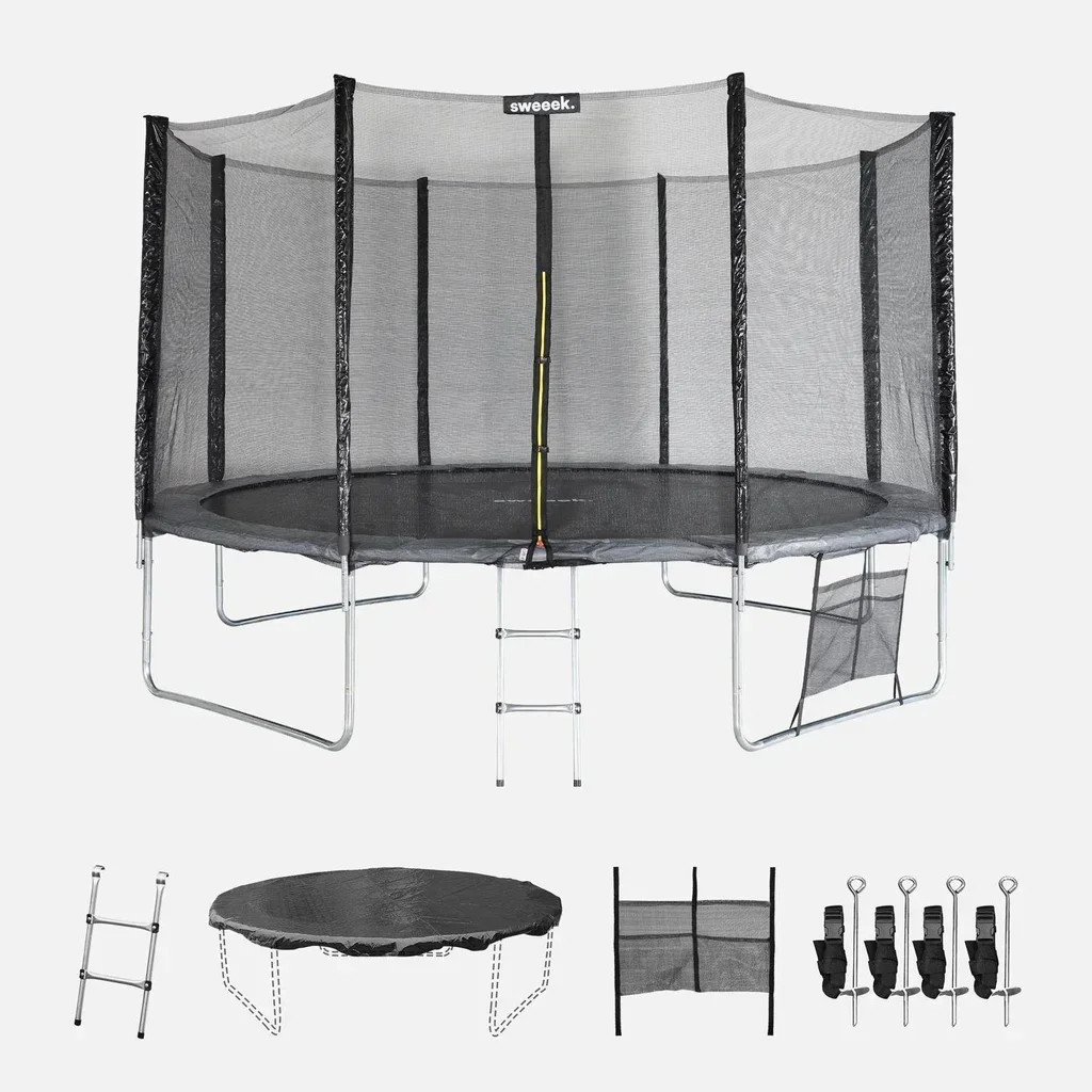 Trampoline XXL 400 cm avec filet sécurité, échelle et bâche protection