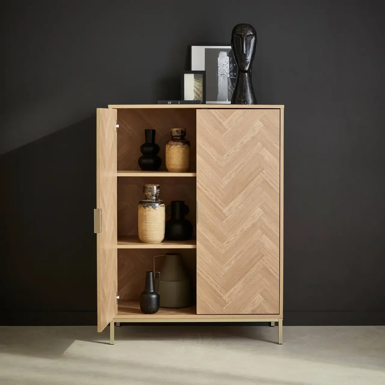 Vaisselier 2 portes bois chevrons métal champagne 80 cm Budapest