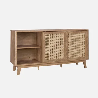 Vaisselier cannage naturel et bois massif 150 cm 2 portes coulissantes - Collection Mani
