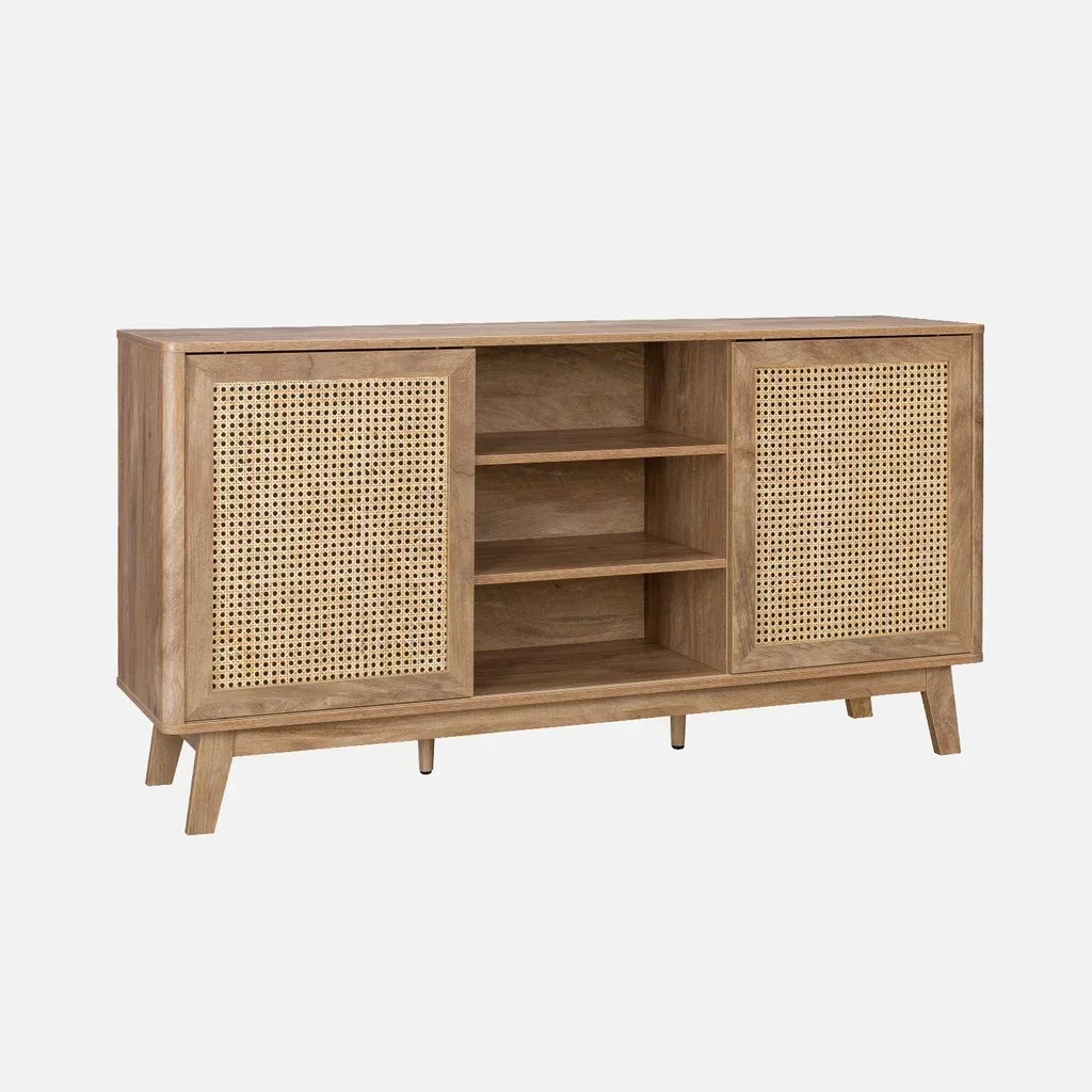 Vaisselier cannage naturel et bois massif 150 cm 2 portes coulissantes - Collection Mani